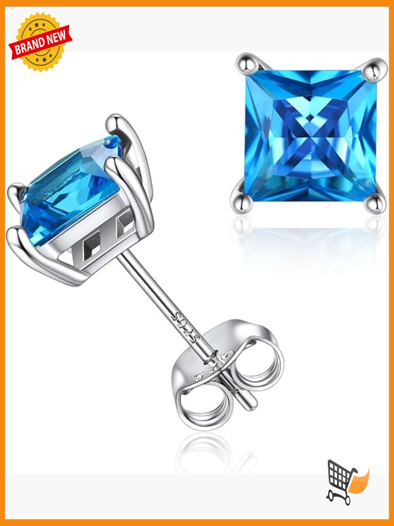 925 Sterling Silver Stud Earrings Heart Round Princess Cut Gift Box